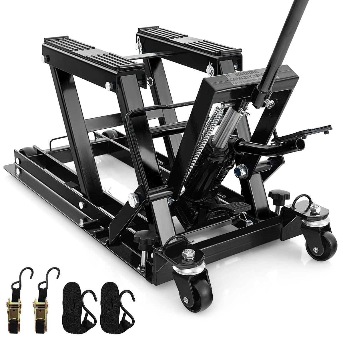 680KG Motorcycle Lift Jack with 4 Wheels and Footplates in black with straps