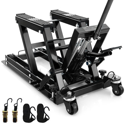 680KG Motorcycle Lift Jack with 4 Wheels and Footplates in black with straps