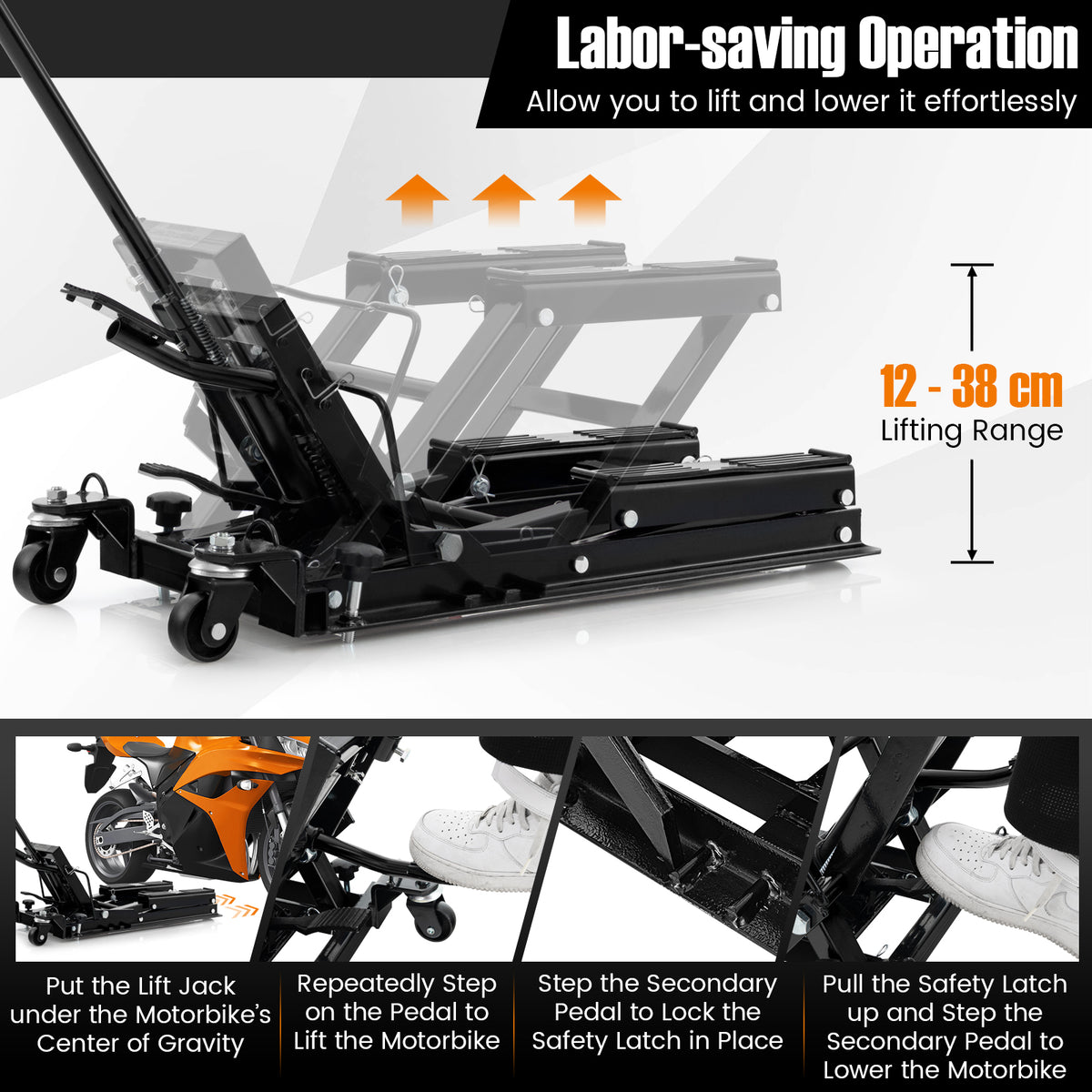 Diagram showing the labor-saving operation of the motorcycle lift jack