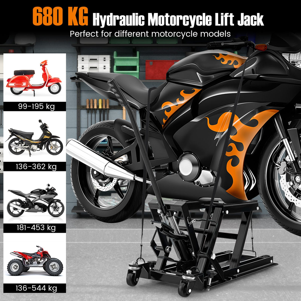 Black motorcycle lift jack with different types of motorbikes