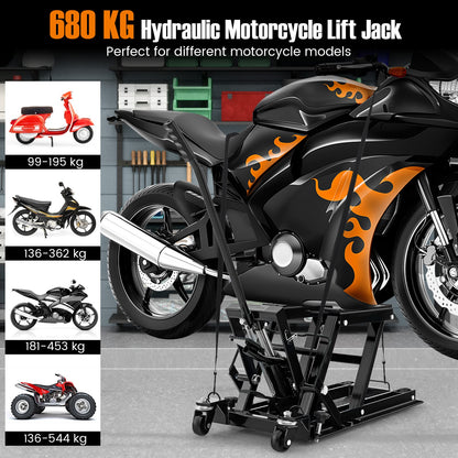 Black motorcycle lift jack with different types of motorbikes