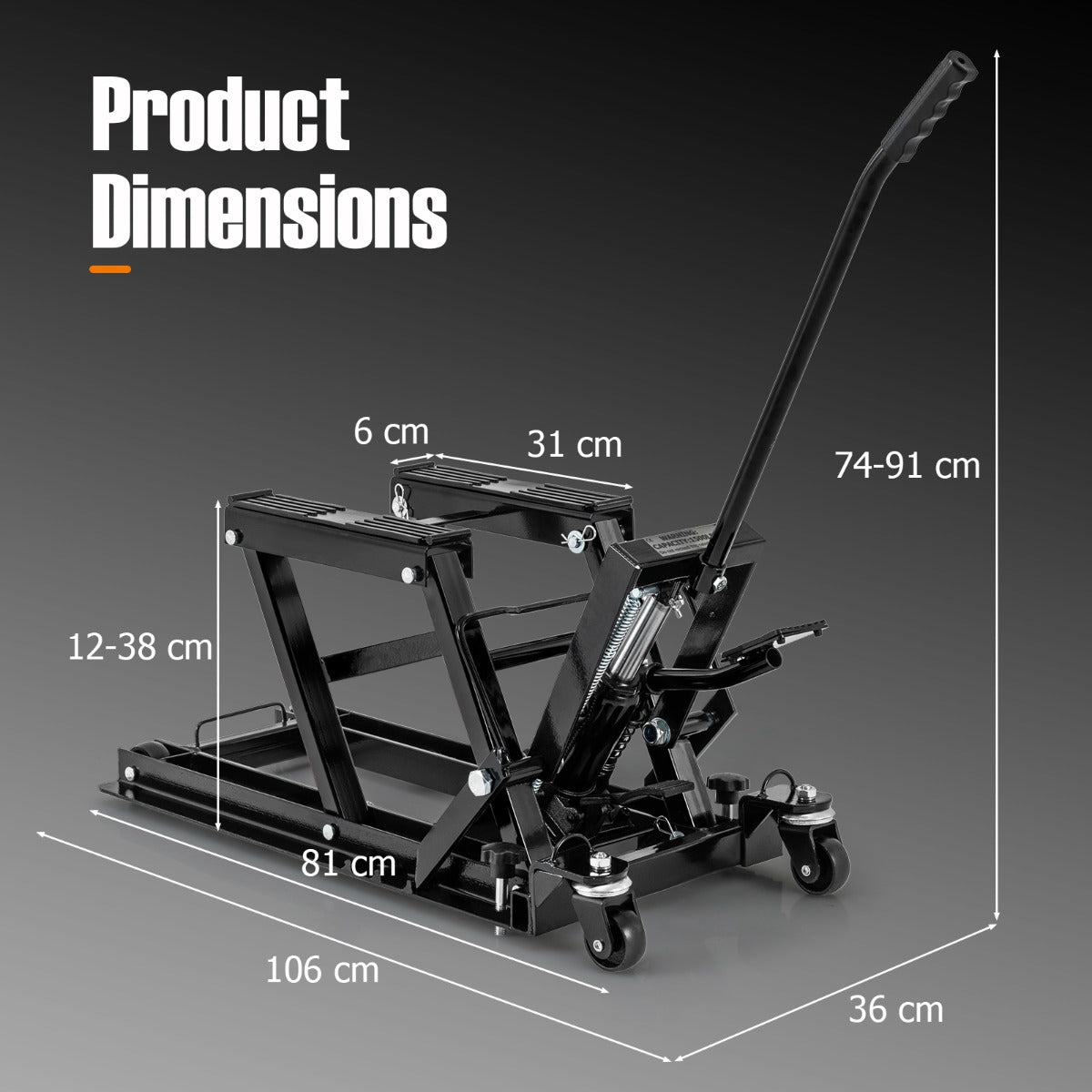 Black motorcycle lift jack with dimensions labelled
