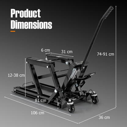 Black motorcycle lift jack with dimensions labelled