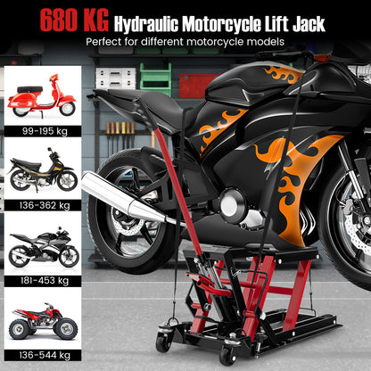 The motorcycle lift jack shown with a list of different motorbike types and weight ranges