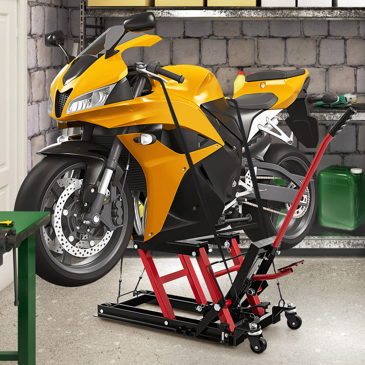 The motorcycle lift jack supporting a yellow sports bike inside a garage workshop