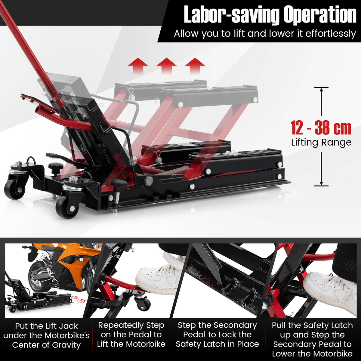The motorcycle lift jack showing the step-by-step operation for lifting and lowering