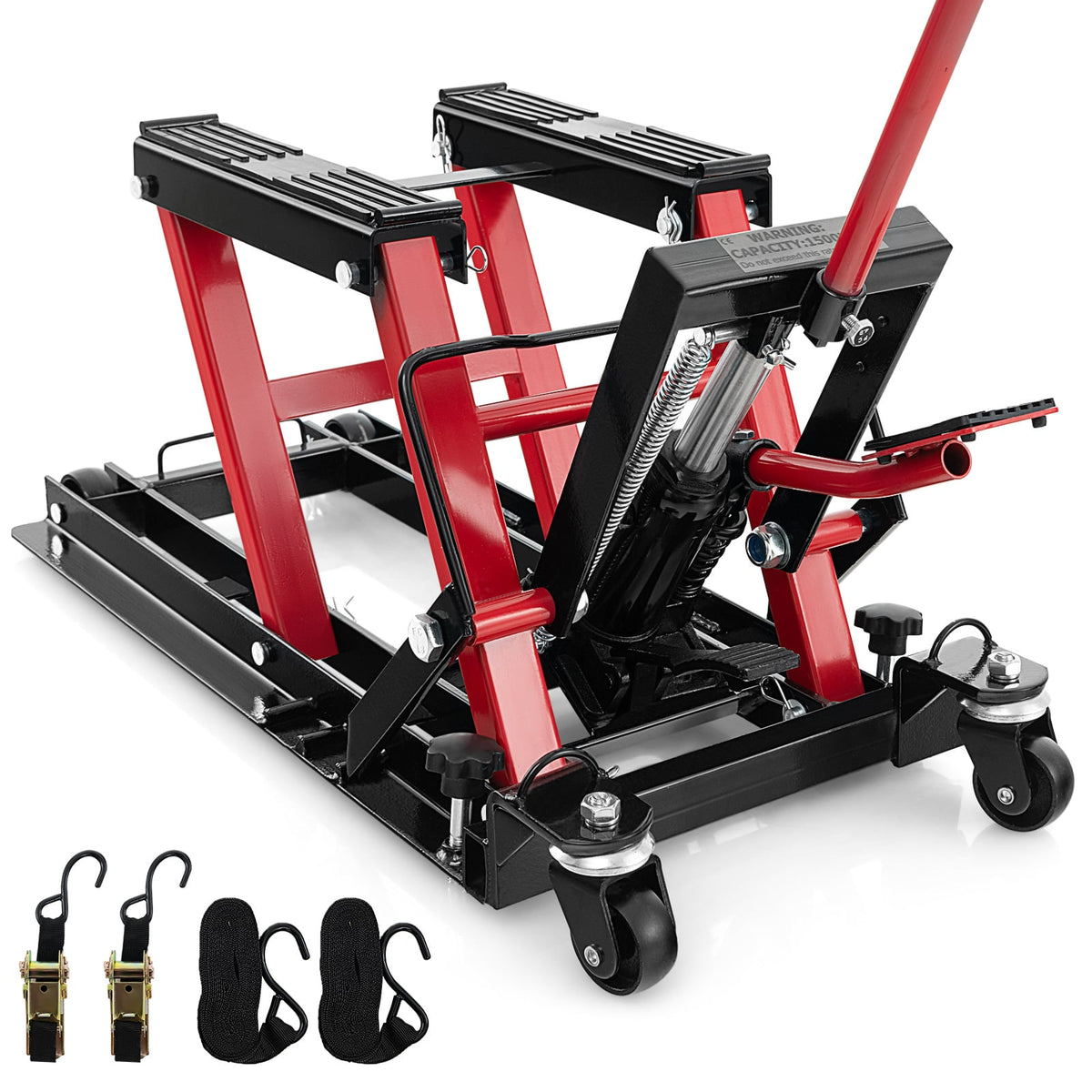 680KG Motorcycle Lift Jack with 4 Wheels and Footplates shown with two black tie-down straps