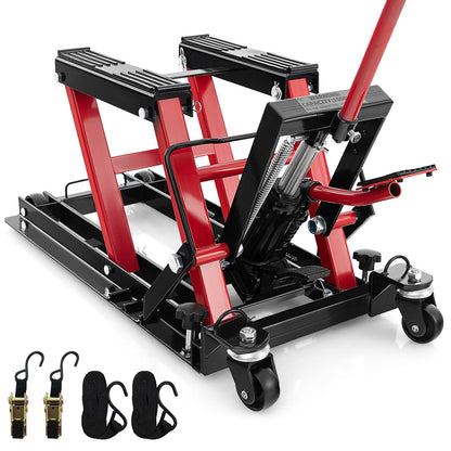 680KG Motorcycle Lift Jack with 4 Wheels and Footplates shown with two black tie-down straps