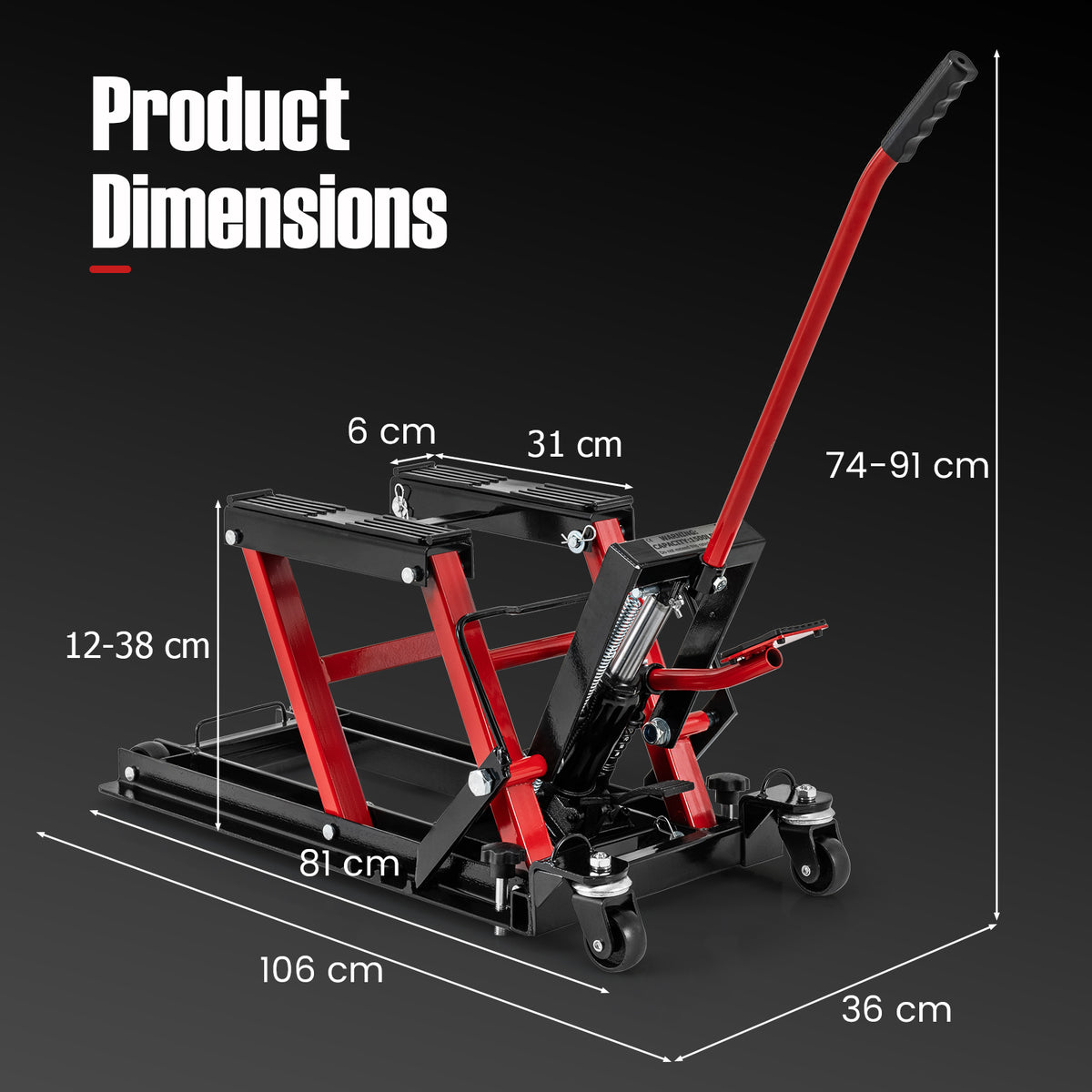 The motorcycle lift jack with white lines and text indicating its various dimensions