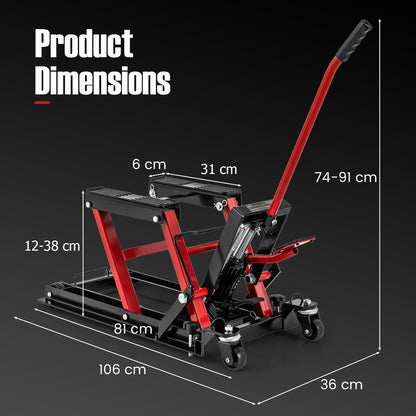 The motorcycle lift jack with white lines and text indicating its various dimensions