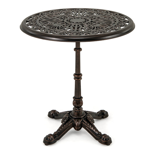 68CM Round Cast Aluminum Patio Bistro Table with a decorative hollow top and four ornate legs