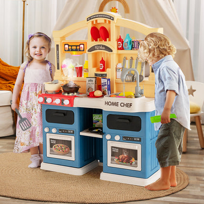 Children playing with the blue and yellow play kitchen set with steam effects