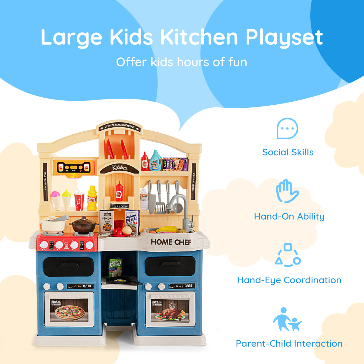 Blue and yellow play kitchen set with text highlighting benefits like social skills