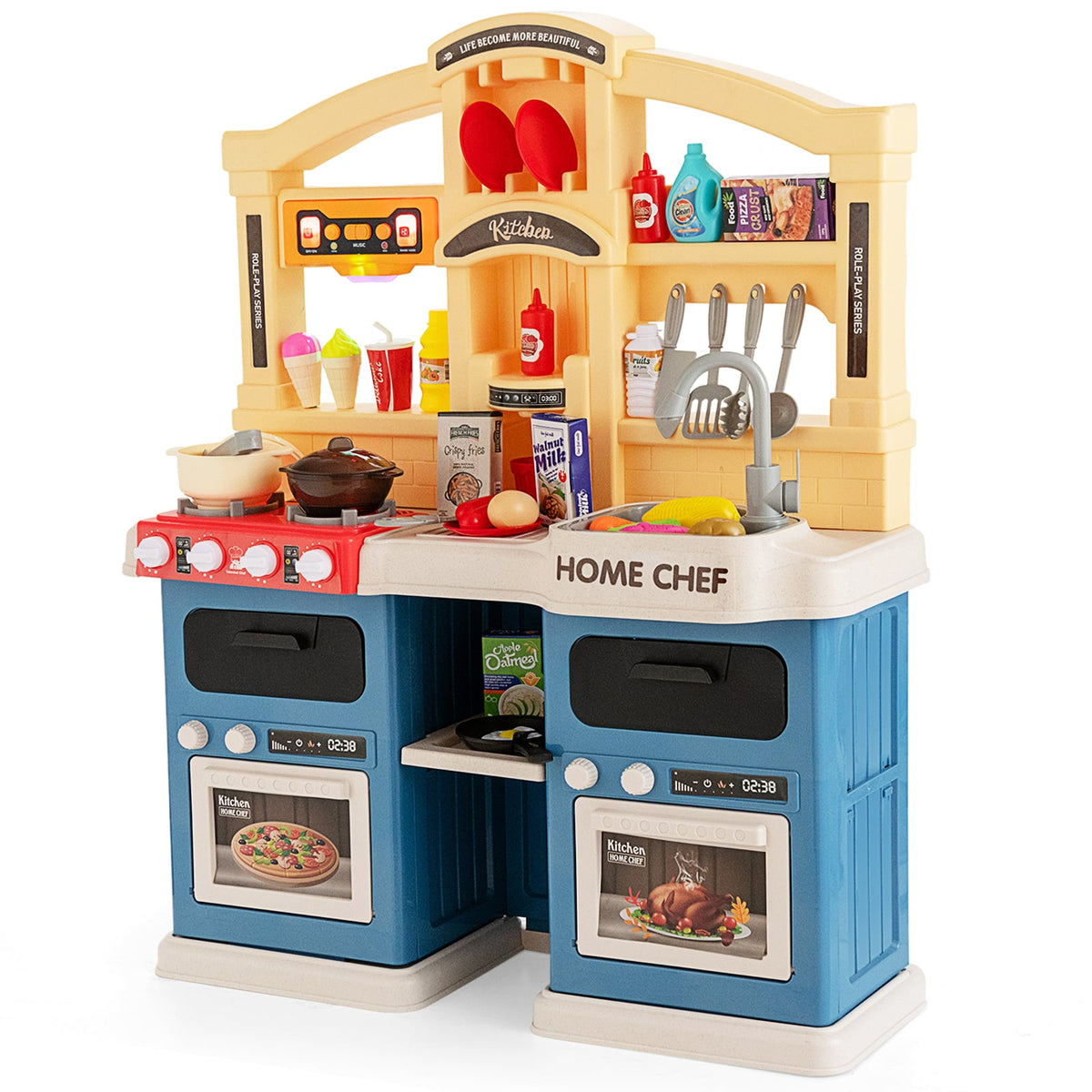 69 Pieces Kids Kitchen Playset Toy in blue and yellow with cooking accessories and pretend food