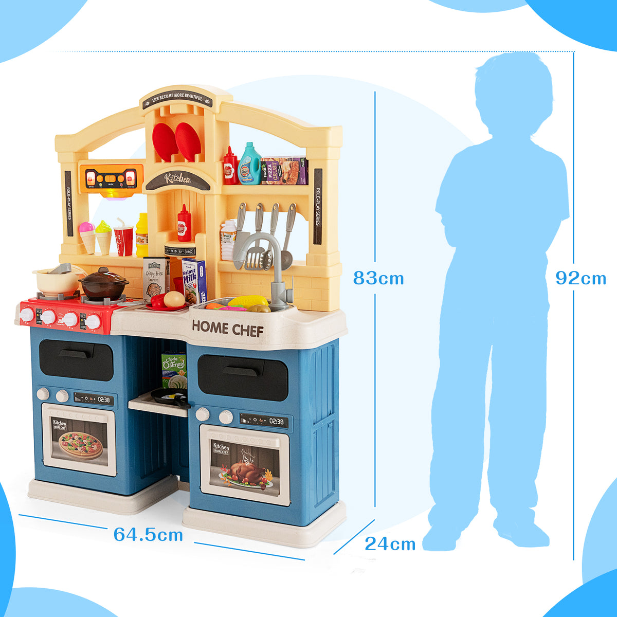 Blue and yellow play kitchen set with a child silhouette for scale comparison