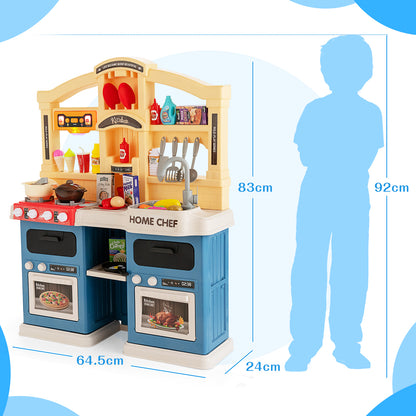 Blue and yellow play kitchen set with a child silhouette for scale comparison