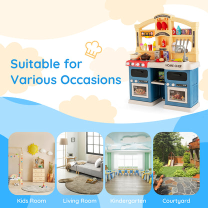 Play kitchen sets shown in a kids room, living room, kindergarten and courtyard