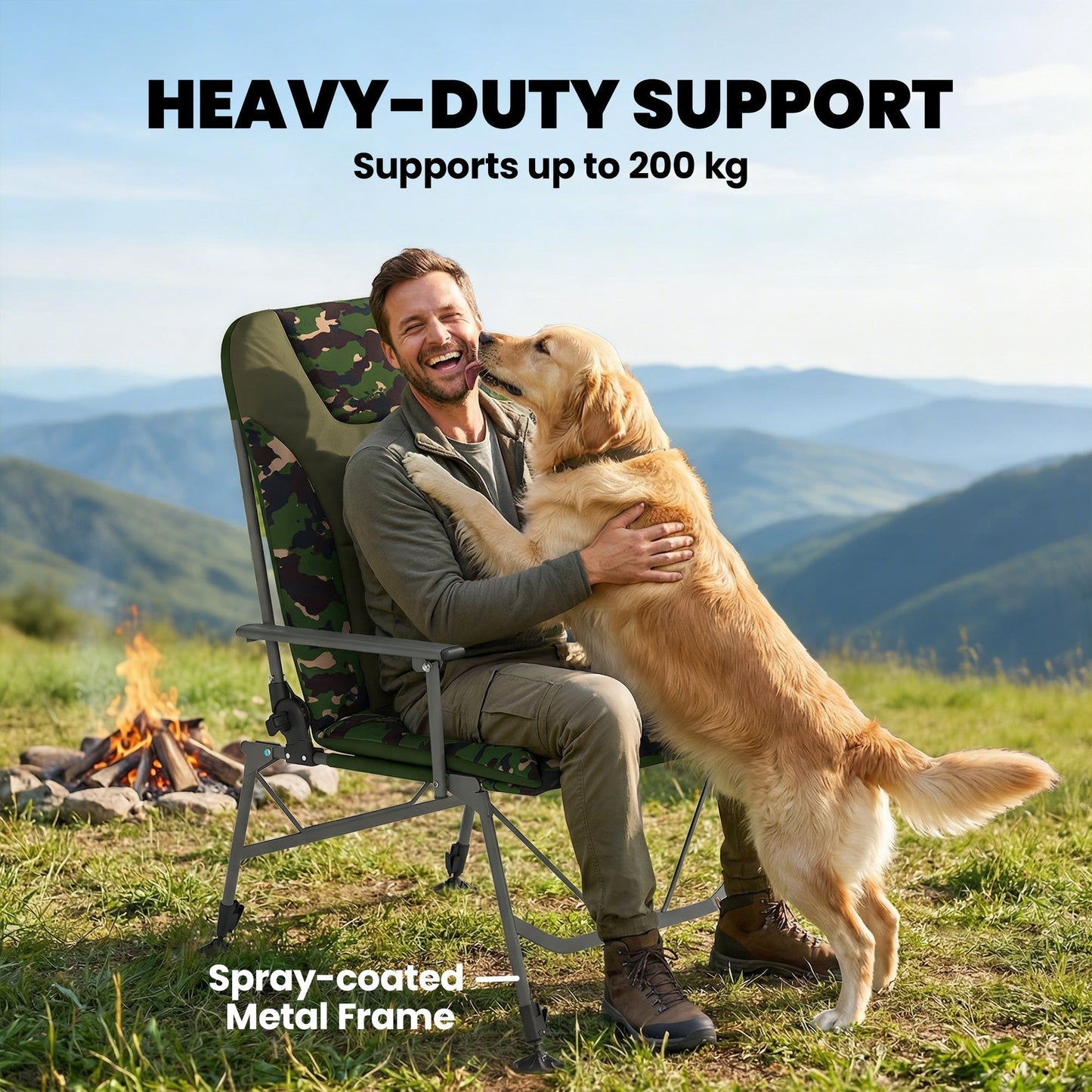 Outsunny Camping Chair Padded Reclining Folding Chair with Wide Armrests for Adults Camouflage