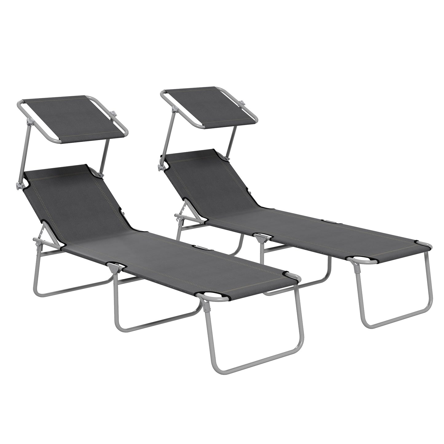 Outsunny Folding Sun Lounger Set of 2 with Canopy, Reclining Sunbed with 4-Position Adjustable Backrest, 600D Oxford Cloth, Portable Garden Lounger Recliner Chair for Beach, Camping, Patio, Grey