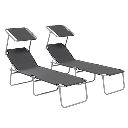 Outsunny Folding Sun Lounger Set of 2 with Canopy, Reclining Sunbed with 4-Position Adjustable Backrest, 600D Oxford Cloth, Portable Garden Lounger Recliner Chair for Beach, Camping, Patio, Grey