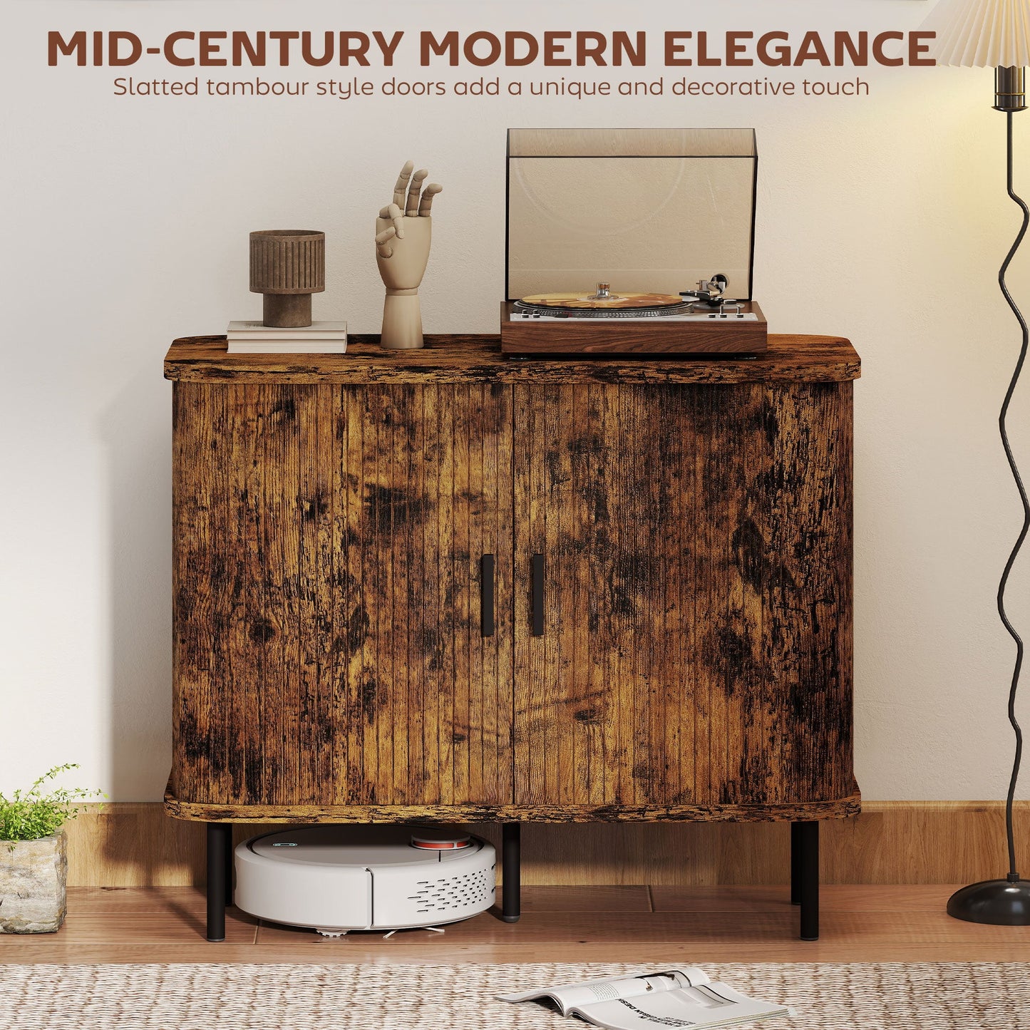HOMCOM Mid-Century Sideboard Cabinet, Nightstand, Accent Console with Tambour Doors, Rustic Brown