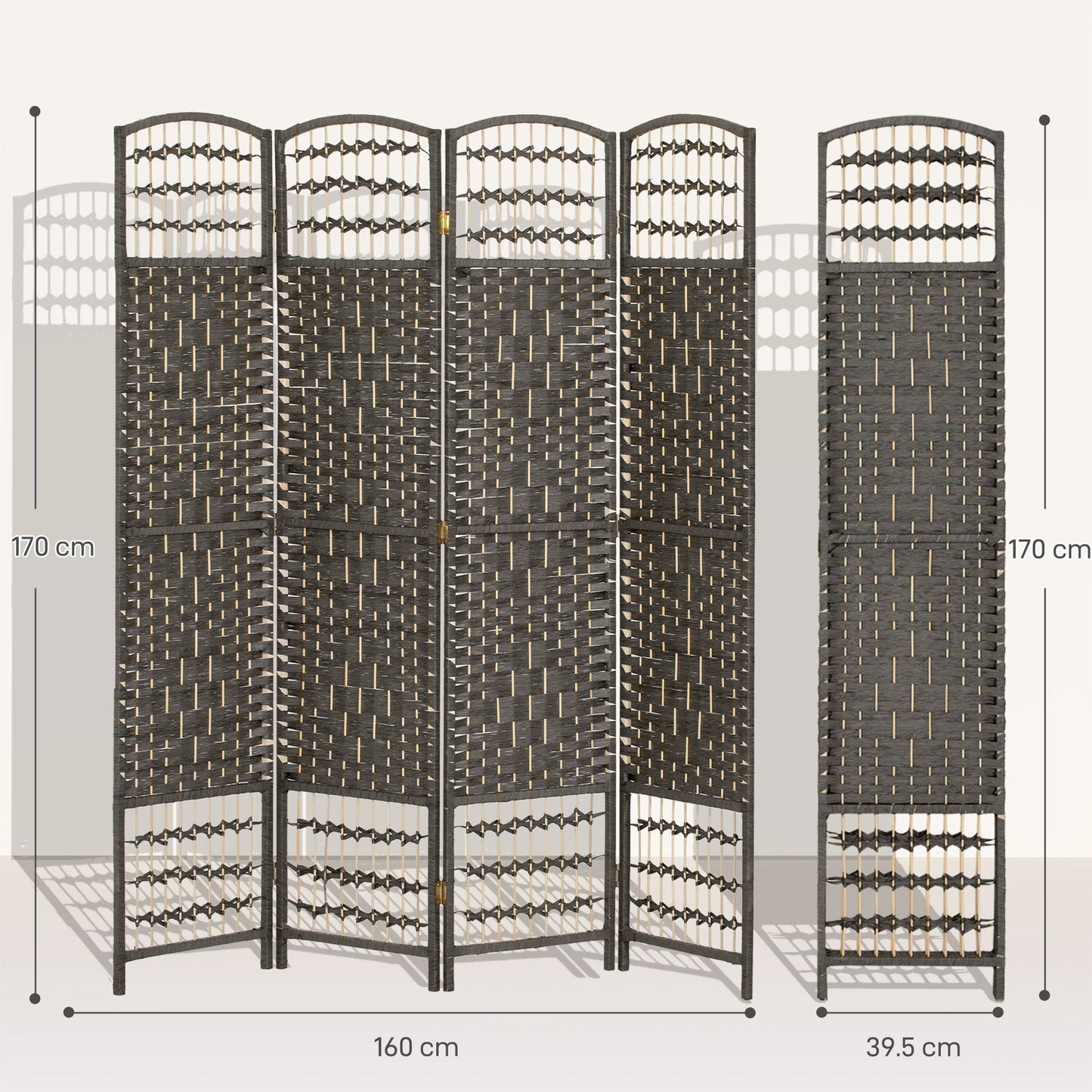 HOMCOM 4 Panel Folding Privacy Screen, Room Divider with Pine Wood Frame for Living Room and Office, Dark Grey