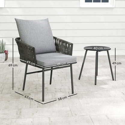 Outsunny 3-Piece Rattan Bistro Set, Garden Table and Chairs with 4 Cushions, Patio Rattan Conversation Furniture Set for Balcony, Porch, Terrace, Grey