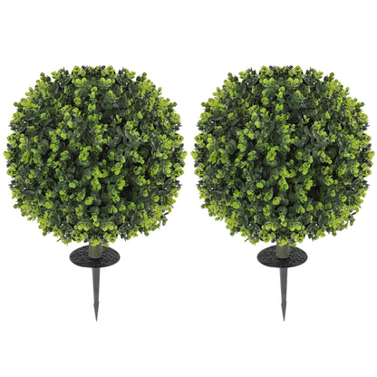 HOMCOM Set of 2 40 cm Artificial Boxwood Topiary Ball Bush with Integrated Ground Stake, Eucalyptus Leaves, Indoor Outdoor UV Resistant Faux Greenery, Faux Plants for Garden, Porch, Balcony