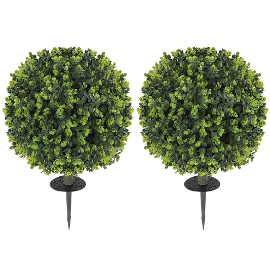 HOMCOM Set of 2 40 cm Artificial Boxwood Topiary Ball Bush with Integrated Ground Stake, Eucalyptus Leaves, Indoor Outdoor UV Resistant Faux Greenery, Faux Plants for Garden, Porch, Balcony