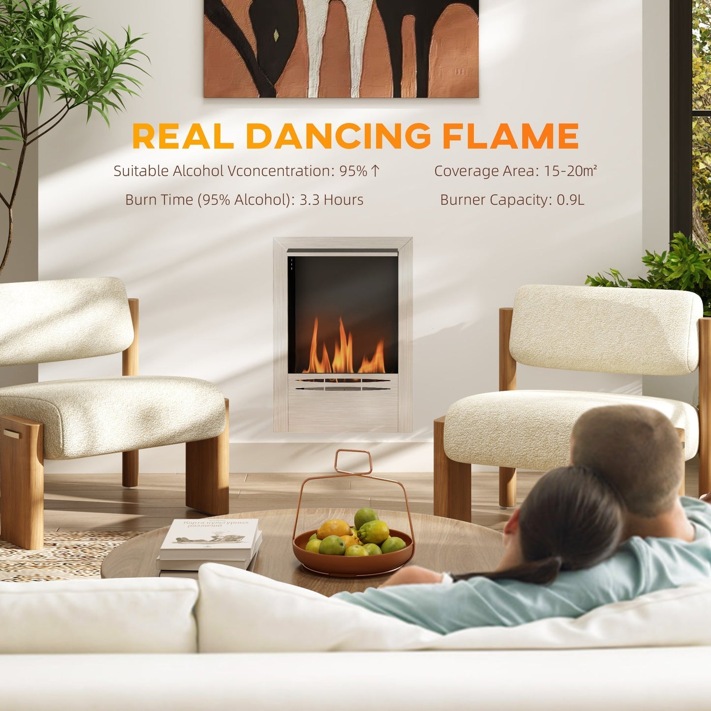 HOMCOM Stainless Steel Ethanol Fireplace Insert, Bioethanol Fire, Indoor Ethanol Burner with 0.9 Litres Volume, Cover Lid, Burns for Up to 3.3 Hours, 48 x 59 cm, Silver
