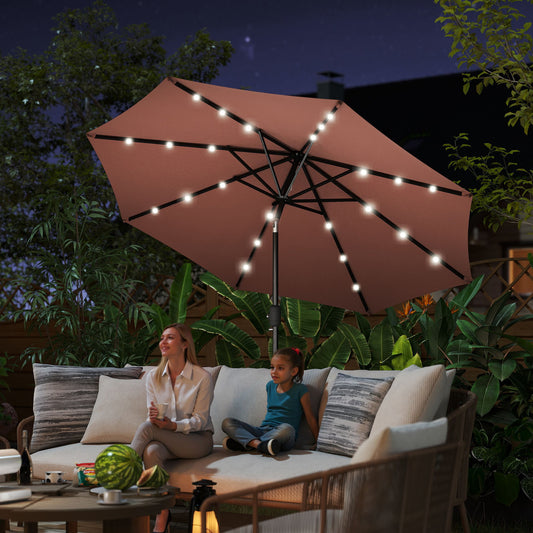 Outsunny 2.7m Garden 24 LED Light Parasol Solar Outdoor Tilt Sun Umbrella Patio Club Party Event Manual Sun Shade w/ Hand Crank and 8 Ribs, Brown