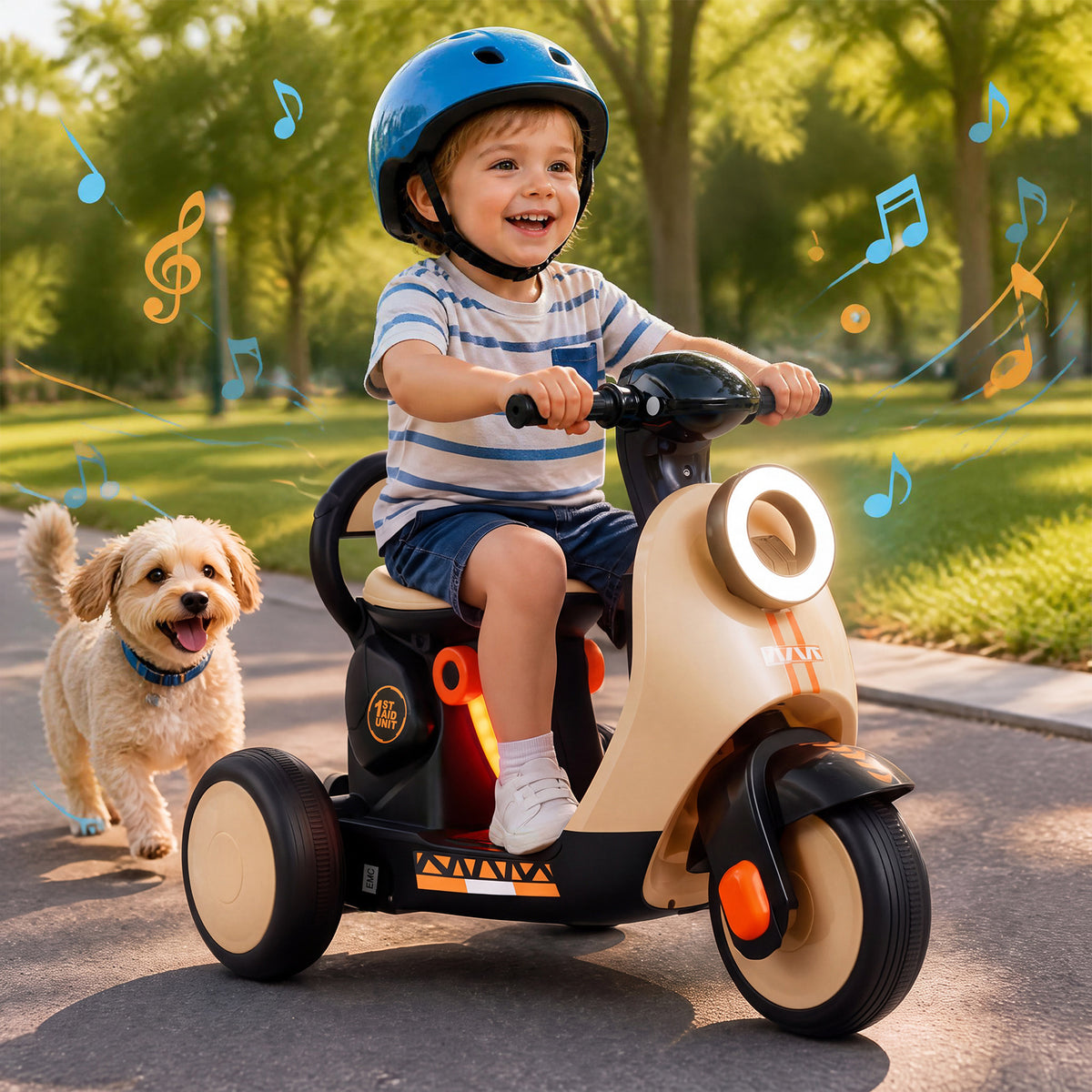 A happy child wearing a blue helmet rides the orange kids electric motorbike outdoors with a small dog running alongside
