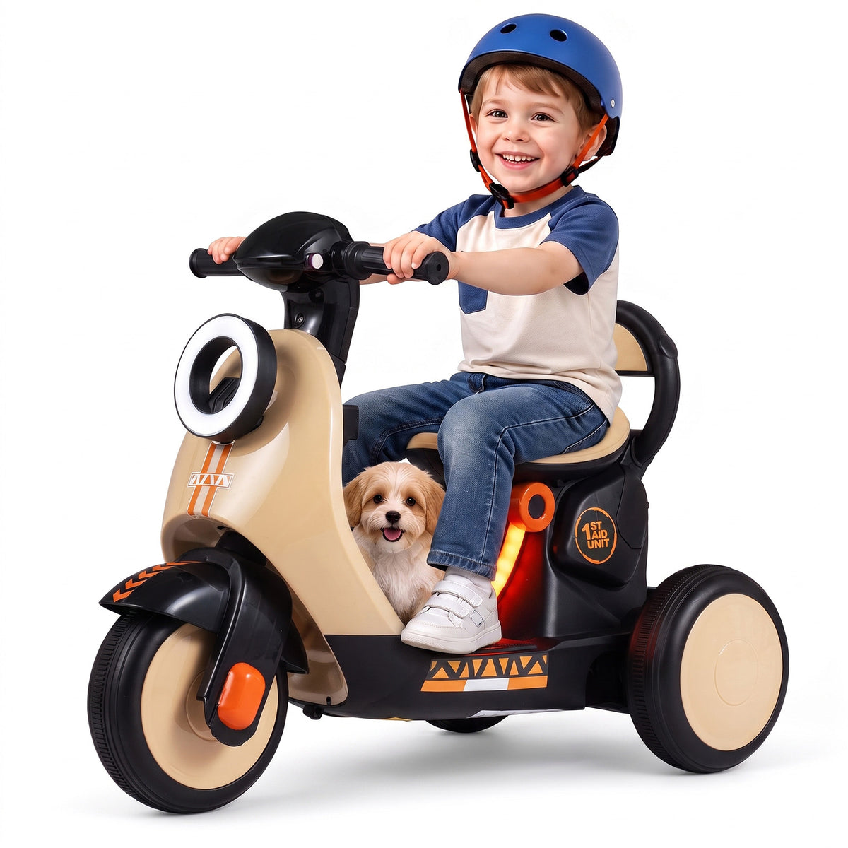 A young boy in a blue helmet and a small dog sit on the orange kids electric motorbike, smiling at the camera