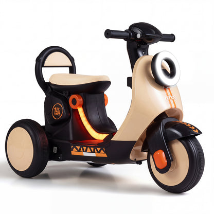 6V Battery Powered Ride on Motorcycle, a three-wheeled electric ride-on toy in orange and beige with light-up accents