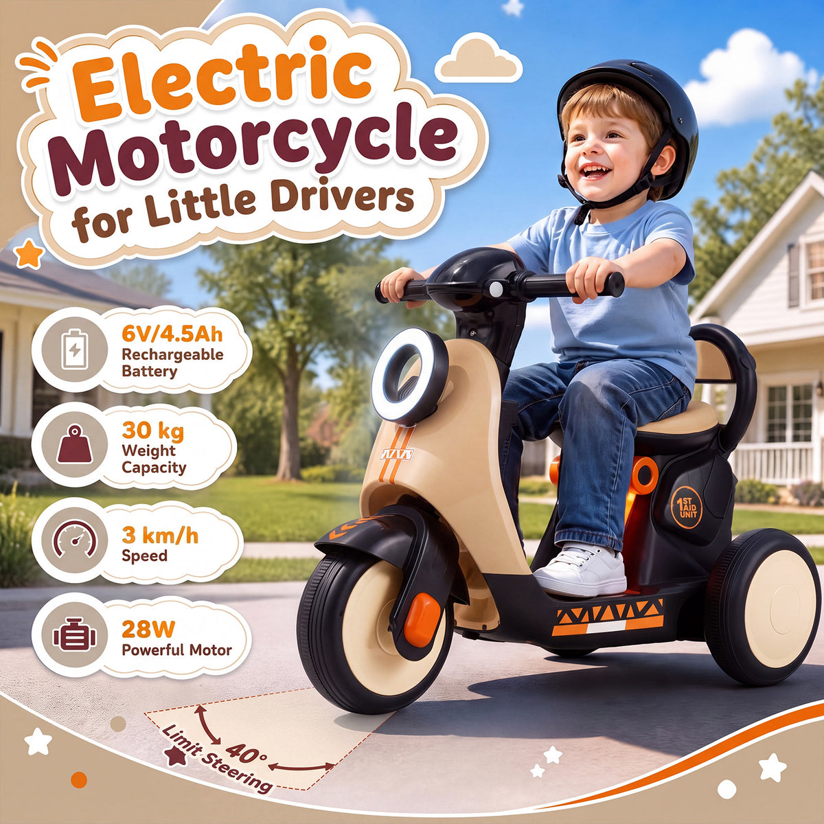 Electric motorcycle for little drivers, showing features like battery, speed, and steering angle for the orange toy