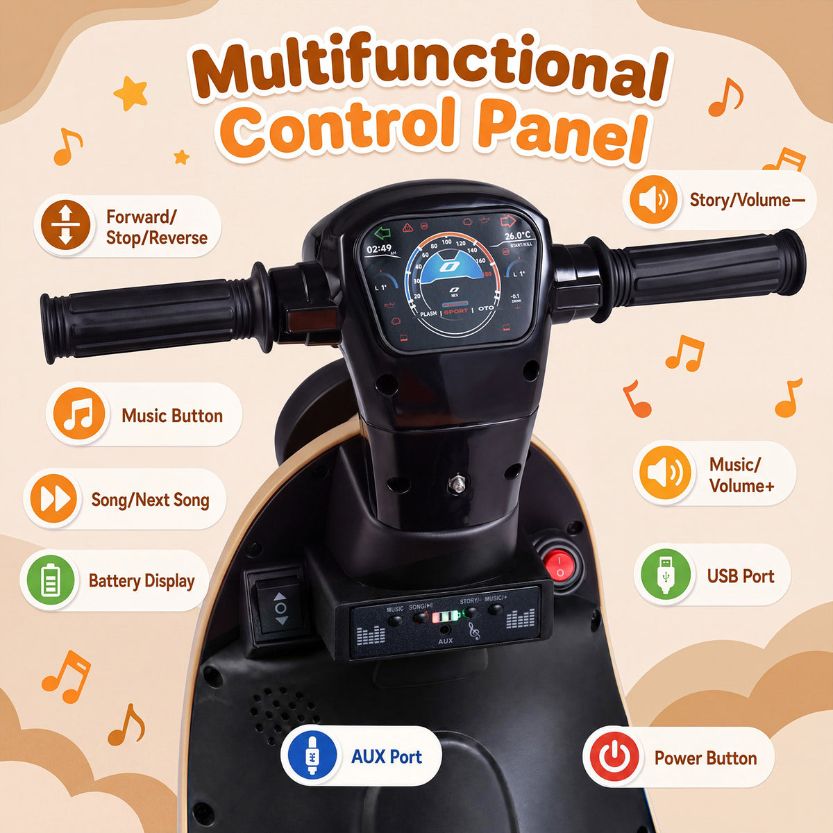 Multifunctional control panel of the kids electric car, detailing buttons for music, volume, and USB and AUX ports