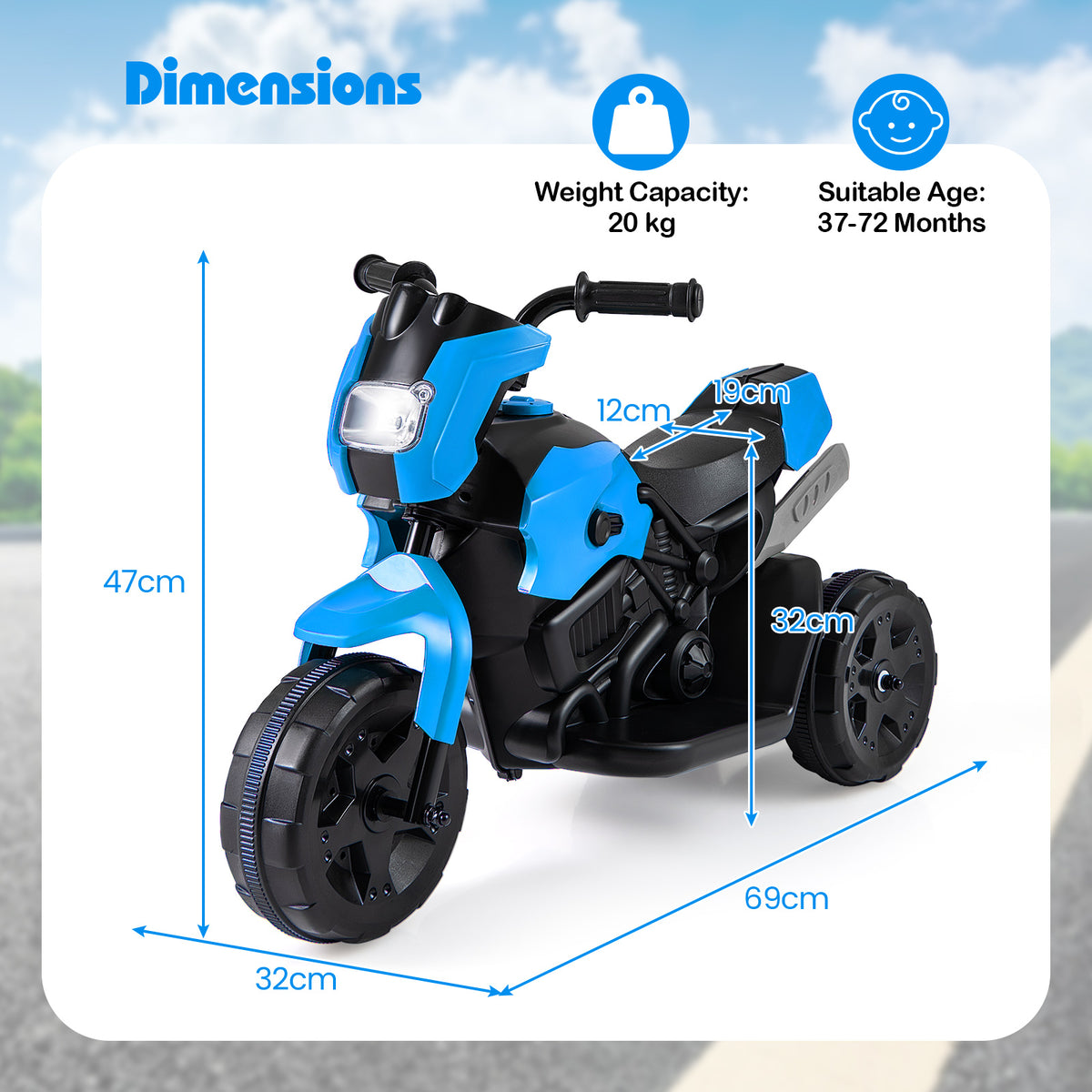 The kids electric motorbike shown with various dimension arrows and labels