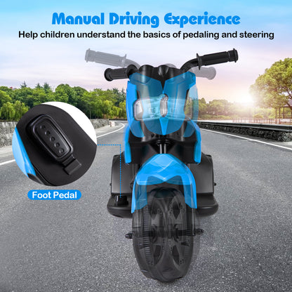 The kids electric motorbike with a close up of the foot pedal control
