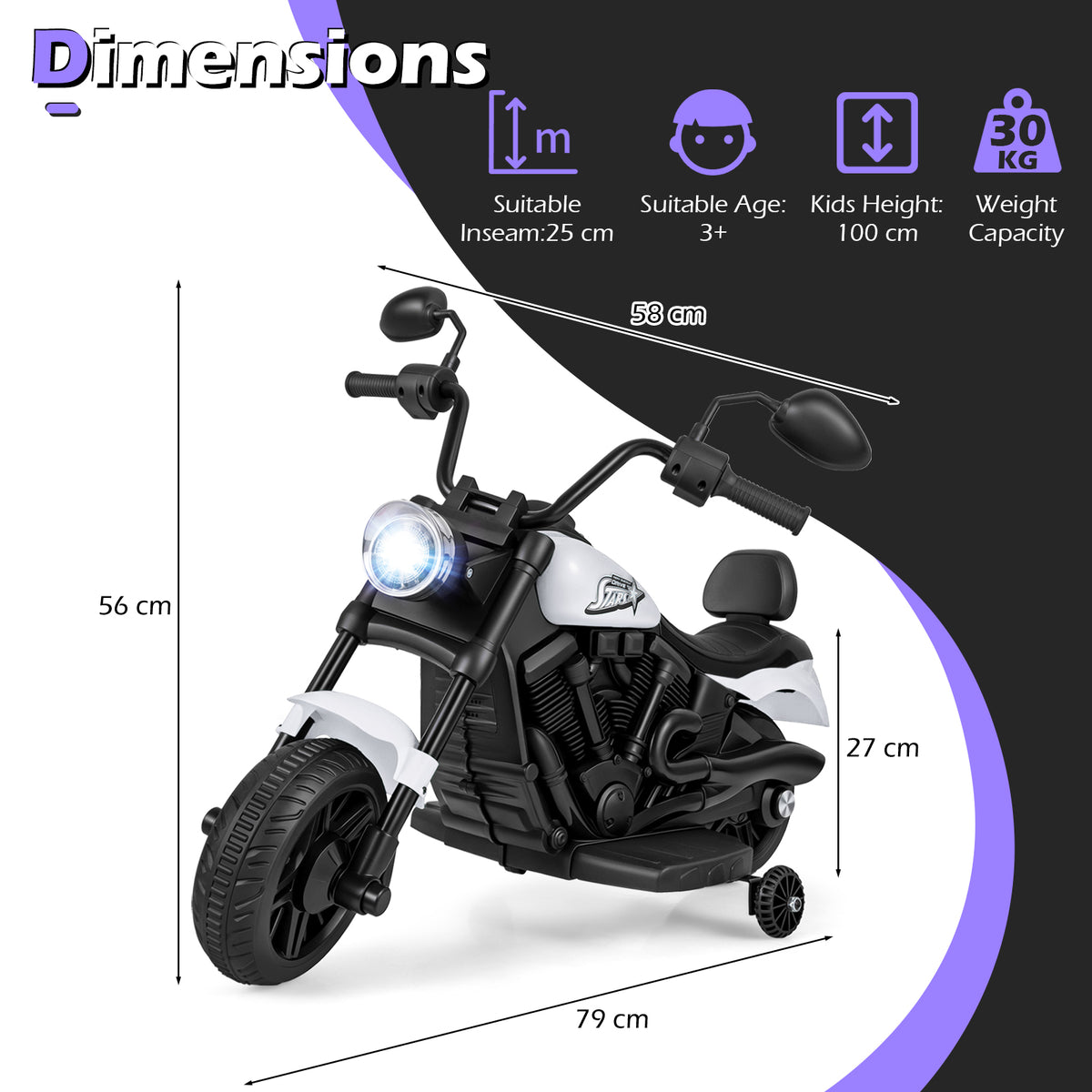 Dimensions diagram for the kids electric motorbike showing height, width, and depth