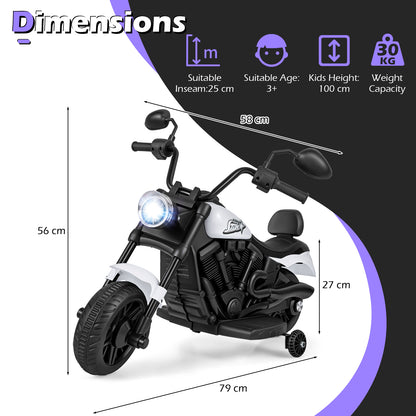 Dimensions diagram for the kids electric motorbike showing height, width, and depth