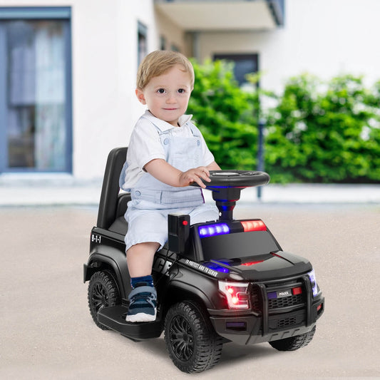 The black kids electric car with a steering wheel and police lights on the bonnet