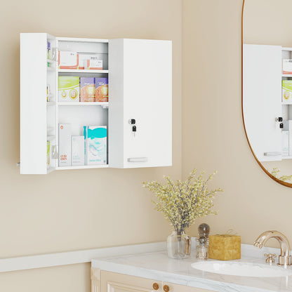 HOMCOM Wall Mount Medicine Cabinet with Key Lock, 3 Tier First Aid Cabinet with 2 Doors and 11 Storage Compartments, White