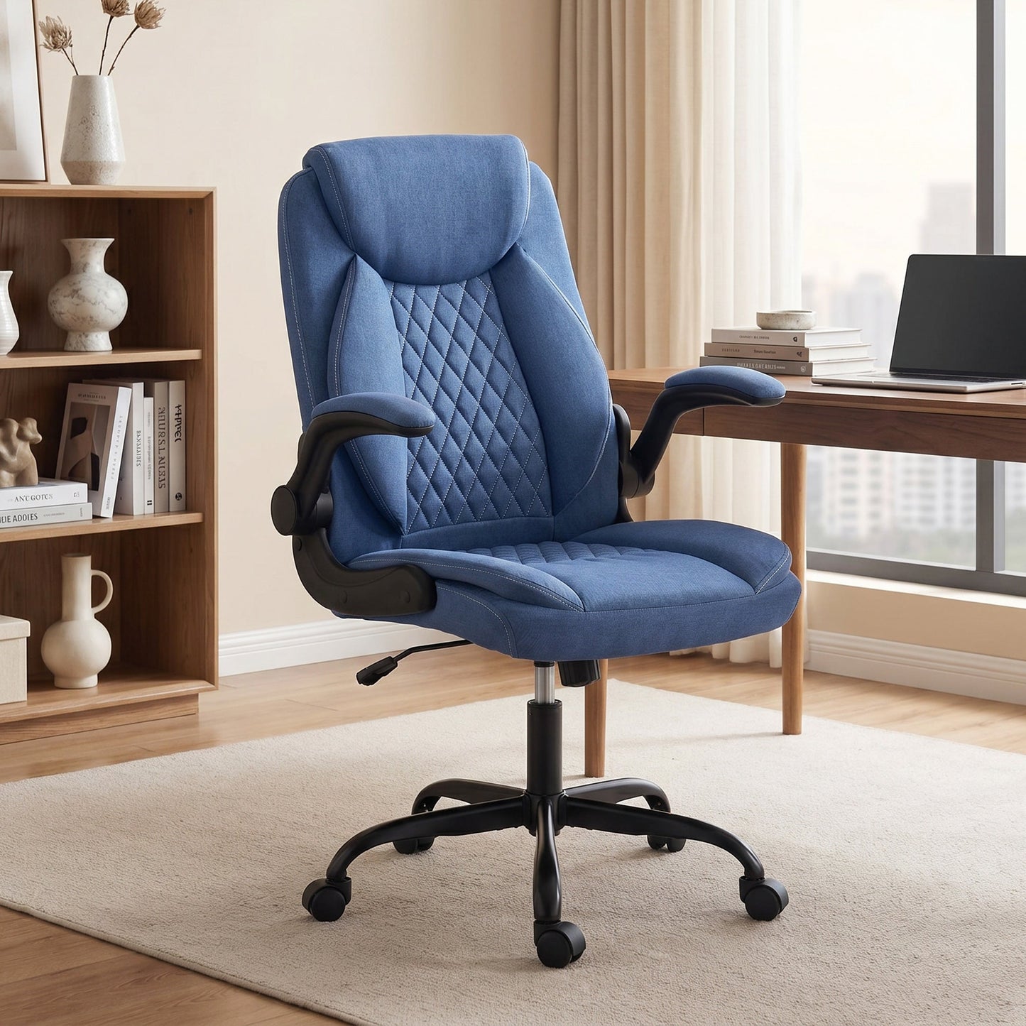 HOMCOM Linen-Look Computer Desk Chair, Executive Office Chair with Flip-Up Armrests and Thick Cushion, Blue
