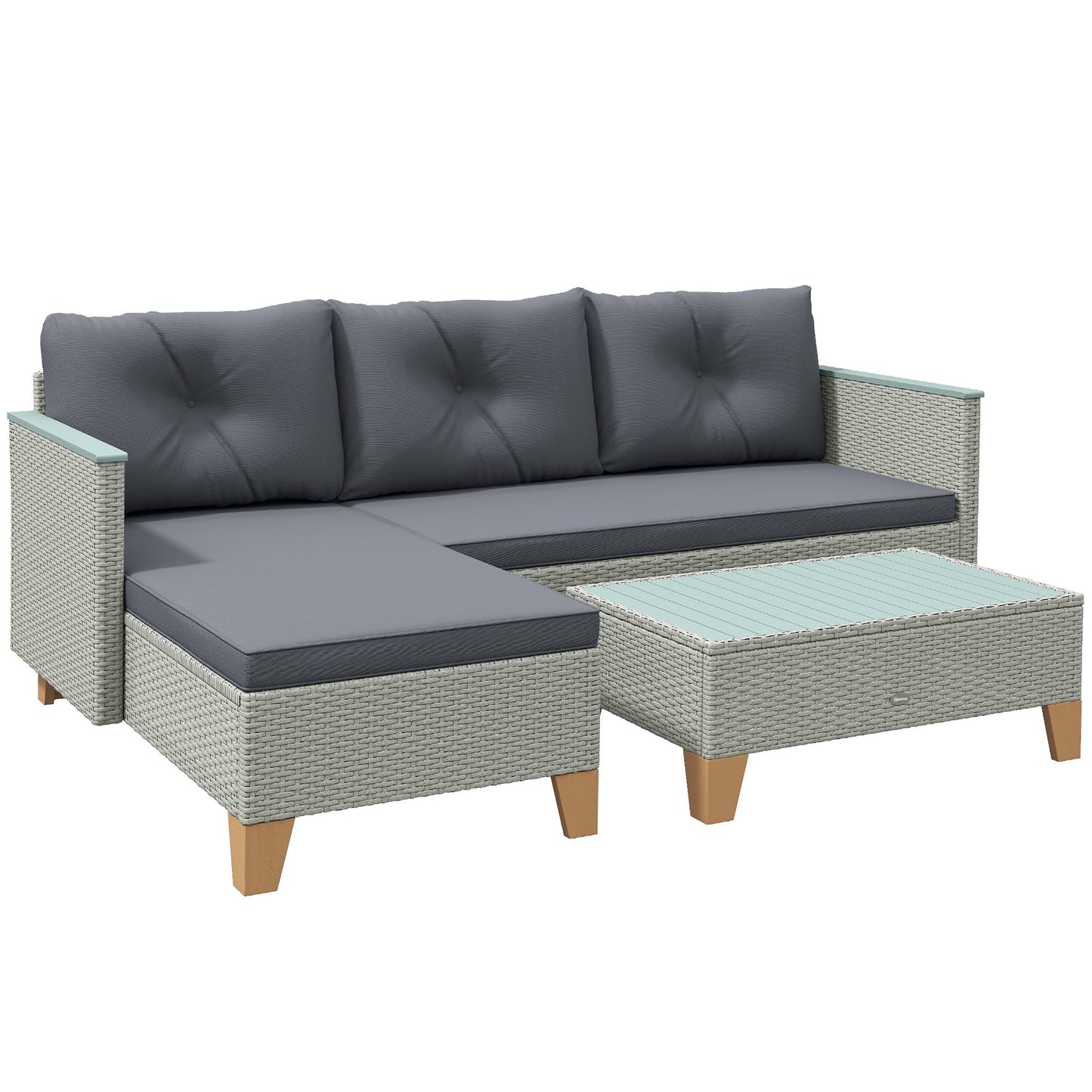 طقم أثاث حديقة من 3 قطع من Rattan Outsunny، أثاث استرخاء بشكل حرف L للحديقة مع طاولة قهوة بسطح خشبي ووسائد سميكة، رمادي فحم