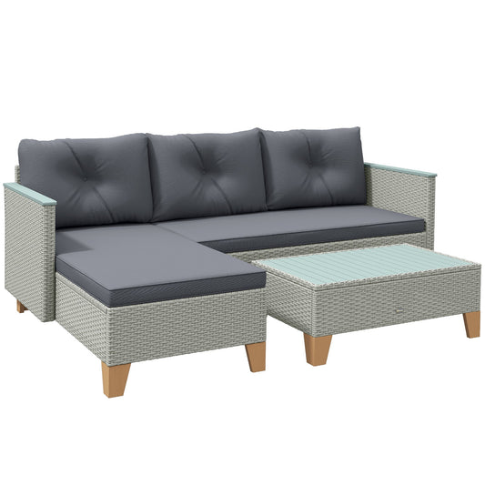 طقم أثاث حديقة من 3 قطع من Rattan Outsunny، أثاث استرخاء بشكل حرف L للحديقة مع طاولة قهوة بسطح خشبي ووسائد سميكة، رمادي فحم