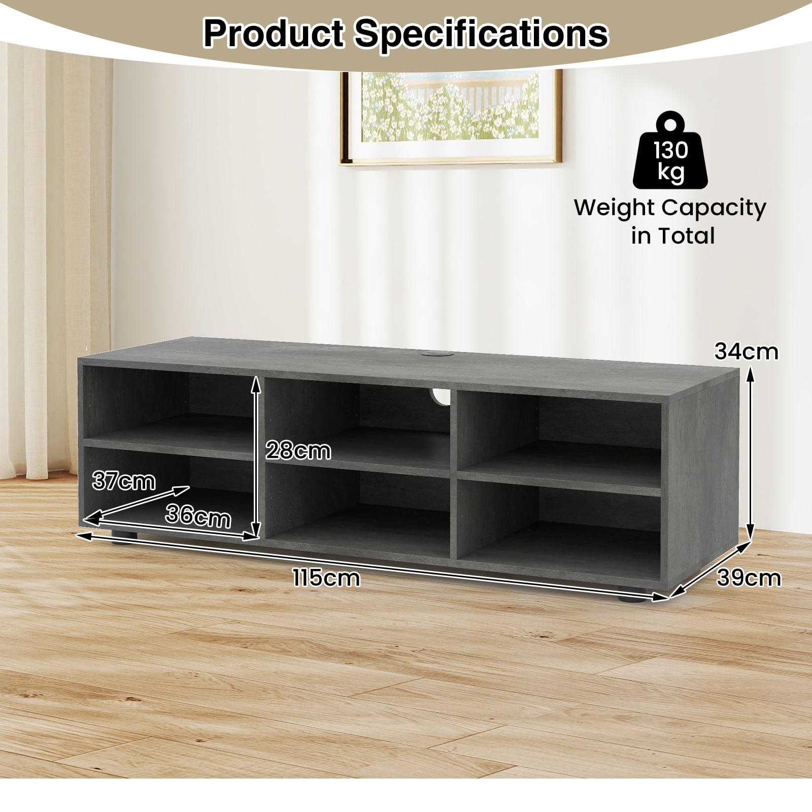 6-Cubby TV Stand TV Console Table with Adjustable Shelves-Grey