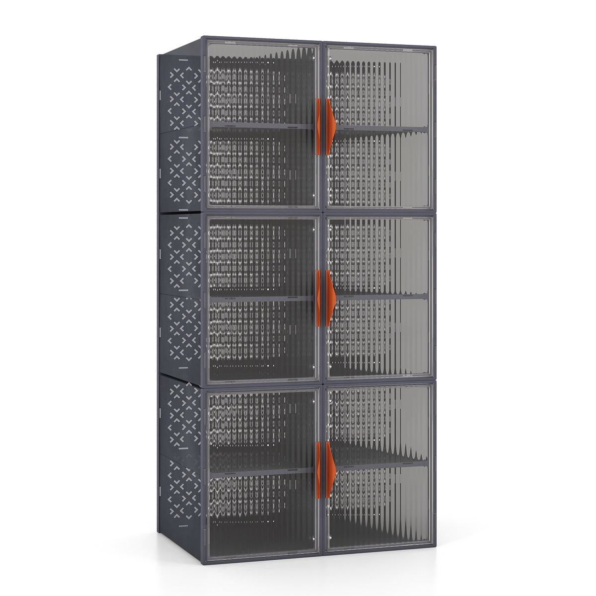 6 Pack 12-Grids Plastic Stackable Shoe Storage Boxes with Clear Magnetic Doors-Grey