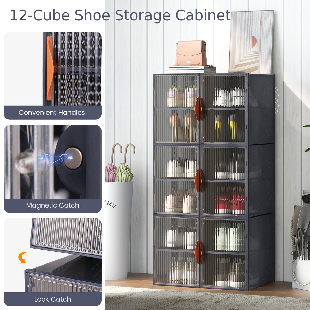 6 Pack 12-Grids Plastic Stackable Shoe Storage Boxes with Clear Magnetic Doors-Grey