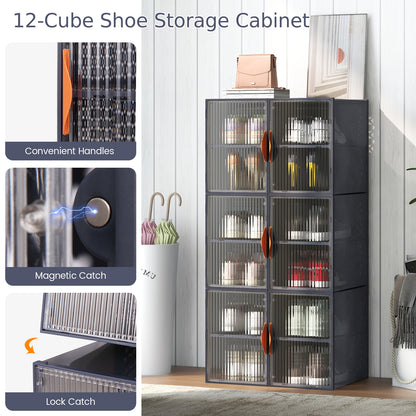 6 Pack 12-Grids Plastic Stackable Shoe Storage Boxes with Clear Magnetic Doors-Grey