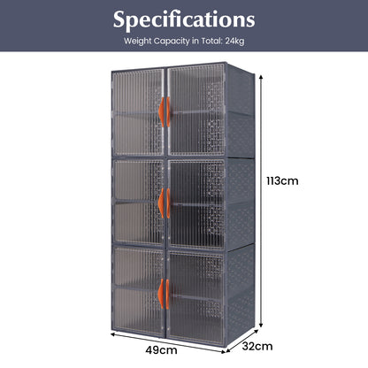 6 Pack 12-Grids Plastic Stackable Shoe Storage Boxes with Clear Magnetic Doors-Grey